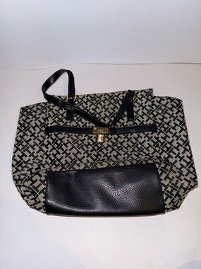 Tommy Hilfiger Black & Cream Patterned Tote with Front Pocket